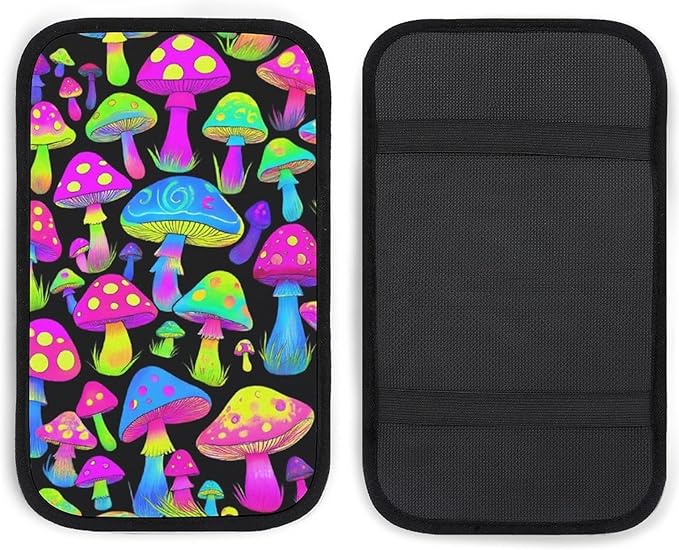 Car Center Console Cover, Neon Mushrooms Pattern Purple Auto Armrest Cushion Pad, Auto Arm Rest Seat Box Cover Universal Fit Vehicles Trucks Decor