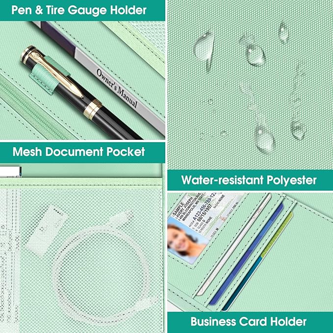 FINPAC Car Document Holder, Vehicle Registration and Insurance Card Holder, Auto Glove Box Organizer Owner Manual Presenter Pouch, Automotive Paperwork Organizer, Sage Green