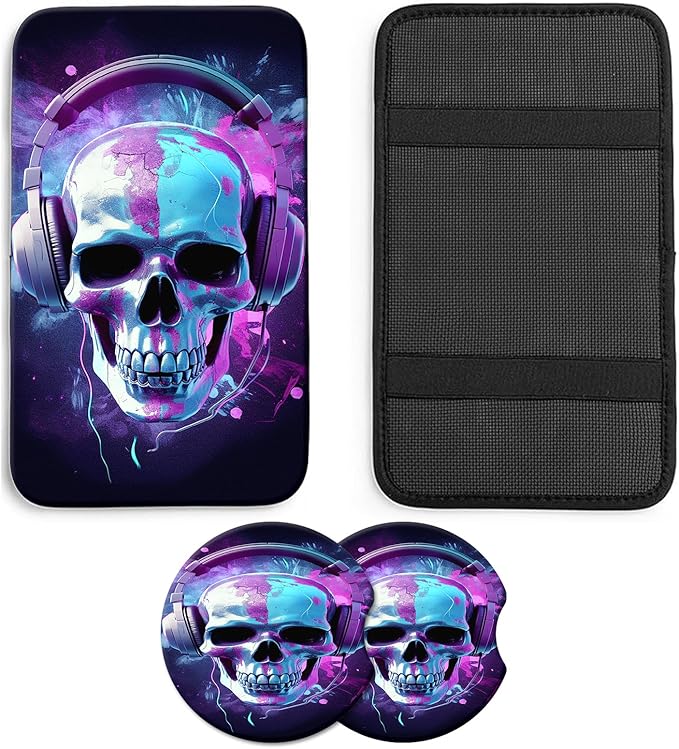 JANENFNA Car Armrest Cover Pads Universal Fashion Cute Auto Center Console Armrest Cover Pad with 2PCS Car Coasters Soft Waterproof Car Armrest Seat Protector for Women,Headphone Skull