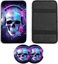 JANENFNA Car Armrest Cover Pads Universal Fashion Cute Auto Center Console Armrest Cover Pad with 2PCS Car Coasters Soft Waterproof Car Armrest Seat Protector for Women,Headphone Skull