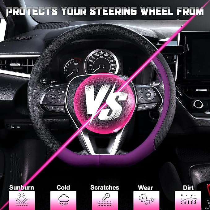 SEG Direct D Shaped Steering Wheel Cover for 14.5-15 inch Flat Bottom Wheels, Breathable Perforated Microfiber Leather, Anti-Slip Grip, Universal Fit for Cars & SUVs, Black and Dawn Purple
