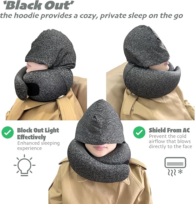 LuxeVoy 2025 Travel Neck Pillow,Stowable Hood,Ergonomic Neck Pillow Airplane,Premium Memory Foam,360º Support,Adjustable Fit,Washable Cover,Complete Travel Set,for Flight,Car and Office (Matt Black)