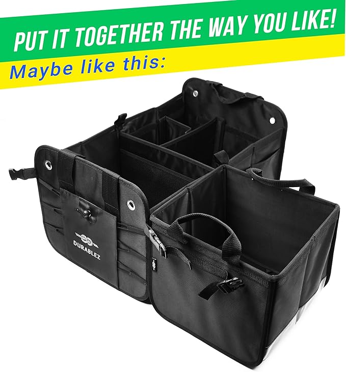 DURABLEZ 3-Section Car Trunk Organizer XL – Large Modular Auto Storage Bin, Foldable Multi-Compartment Cargo Organizer for Car Trunk, Heavy Duty 1680D Design – Black