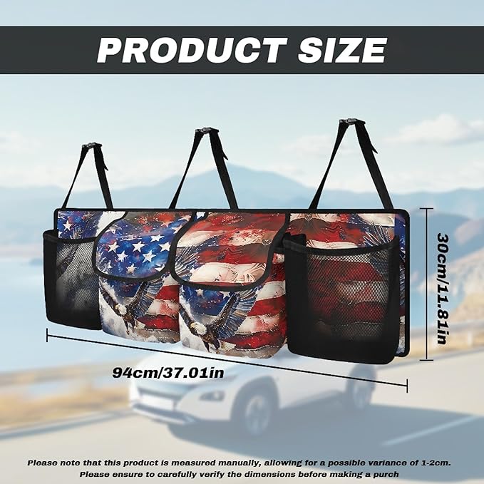 CLOHOMIN Eagle Trunk Organizer for Car American Flag Car Storage Oraganizer Patriotic Back Seat Hanging Storage with 4 Large Pockets Multi Cargo Storage Bag for SUV Car Sedan
