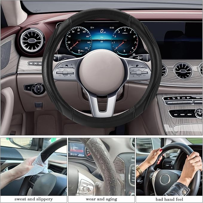 Black Film Splicing Leather Steering Wheel Cover, Microfiber Leather, Anti-Slip, Breathable, Universal Fit for 14.5–15 in Steering Wheel Cover for Men Women