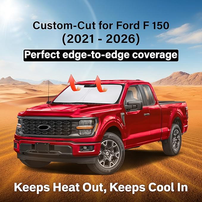 EcoNour Windshield Sun Shade Compatible for Ford F-150 2021–2026 | Custom Fit Pickup Truck Front Window Sunshade | Foldable UV & Heat Reflective Sun Visor