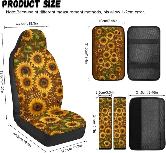 Qeluxign PU Leather Car Seat Covers Set - Includes 2 Seat Protectors, 2 Shoulder Pad Covers, 1 Armrest Cover for Car Decoration,Sunflower Music Notes Bee