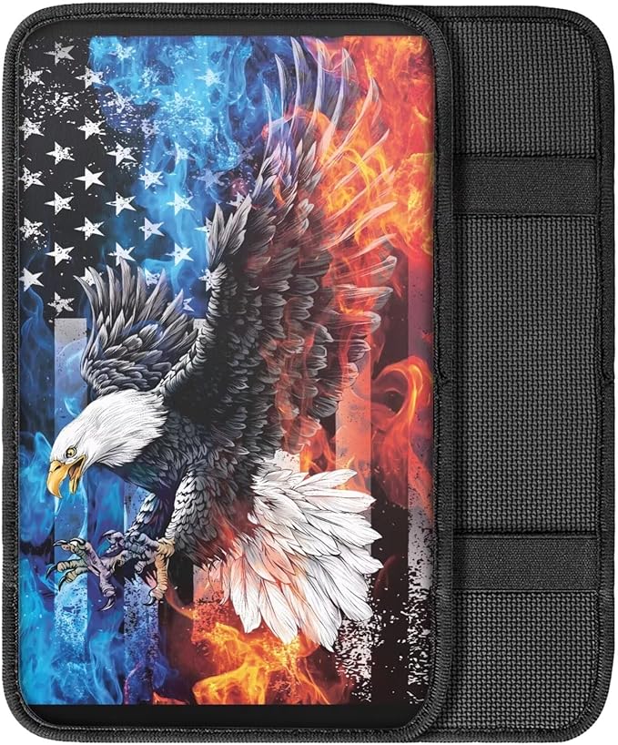 Horeset American Flag Flame Eagle Car Console Covers for SUV Universal Fit Cow Spot Auto Armrest Seat Box Cover Interior Protector, Easy to Install