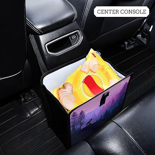 Car Trash Can Organizer Bin with Adjustable Strap for Back Front Seat Console Waterproof Leakproof Collapsible Portable 11 Inch Purple Stag Mountains and Forest