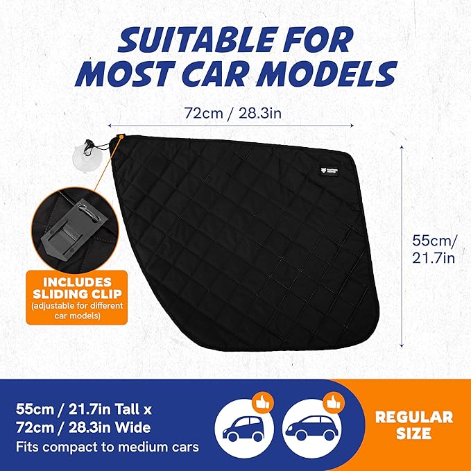 Car Door Protector for Dogs, 2 Pieces. Quilted Anti-Scratch Liner with Adjustable Clips & Suction Cup, Regular Size (28.3" x 21.7") Fits Compact & Medium Cars, Protects Car Doors from Dog Scratches