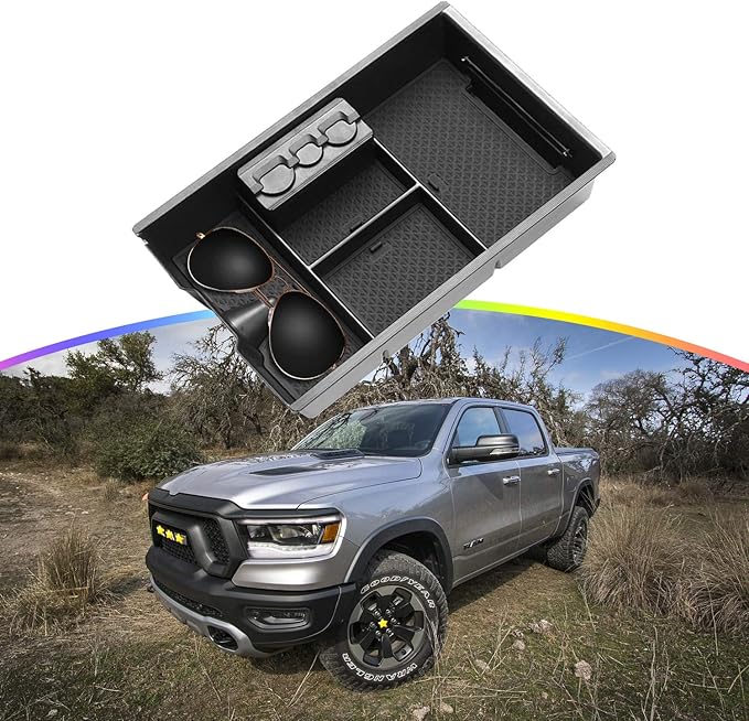 SKTU Center Console Organizer Customized for 2009-2020 Dodge Ram 1500 2500HD 3500HD Insert ABS Black Materials Tray Armrest Box Glove Secondary Storage Box with Coin and Glass Holder
