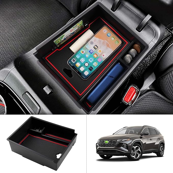 FIILINES Center Console Organizer for 2022-2024 Hyundai Tucson Limited/Hybrid (Automatic Transmission Only), Center Console Tray Secondary Armrest Storage Box ABS Insert Container with Anti-Slip Mats