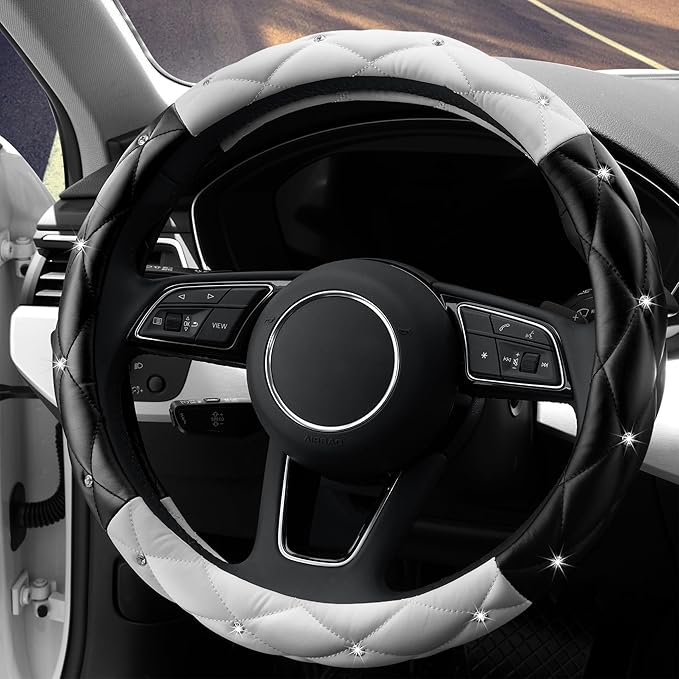 YOGURTCK Cute Diamond Soft Leather Anti-Slip Steering Wheel Cover with Bling Bling Crystal Rhinestones, Universal 15 Inch for Women Girls, Fit Vehicles, Sedans, SUVs, Vans, Trucks - Black and White
