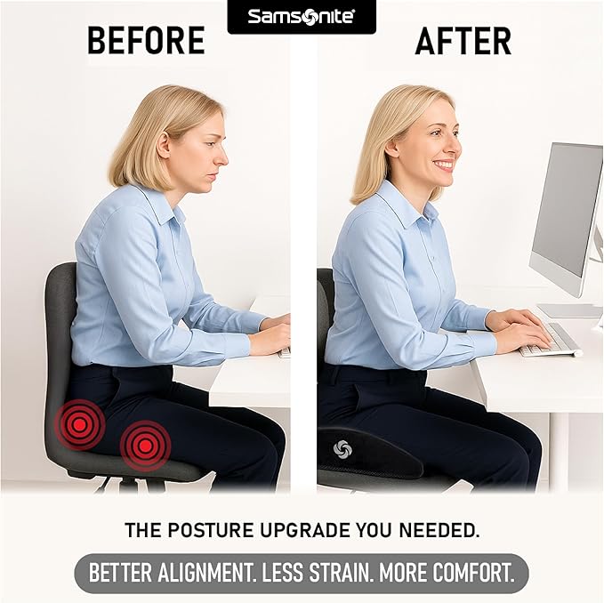 Samsonite Car Seat Cushion Curved Pillow - Butt Cushions for Office Chairs, Car Seat Back Support Pillow Tailbone Support Cushion