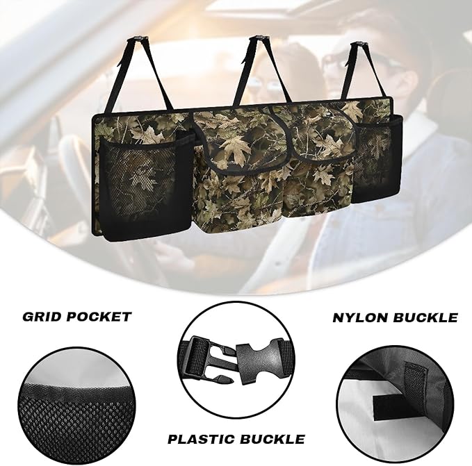 CLOHOMIN Camo Hunting Trunk Organizer for Car Women Men Wood Trunk Hanging Organizer Backseat Bag Collapsible Auto Storage Accessories Interior with 2 Pockets 2 Mesh Pouches