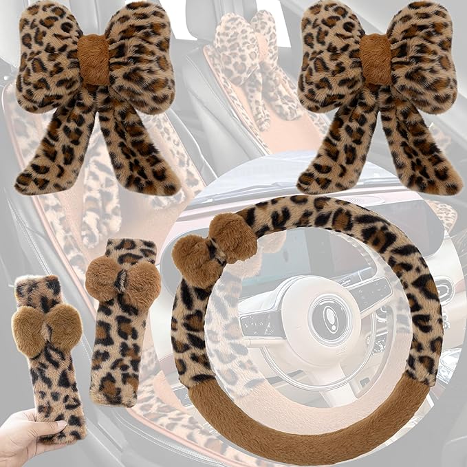 Car Steering Wheel Cover with Leopard Print & Cute Bowknot Soft Anti-Slip Y2K Retro Luxury Fluffy Fur Car Interior Accessory (Leopard Set 5)