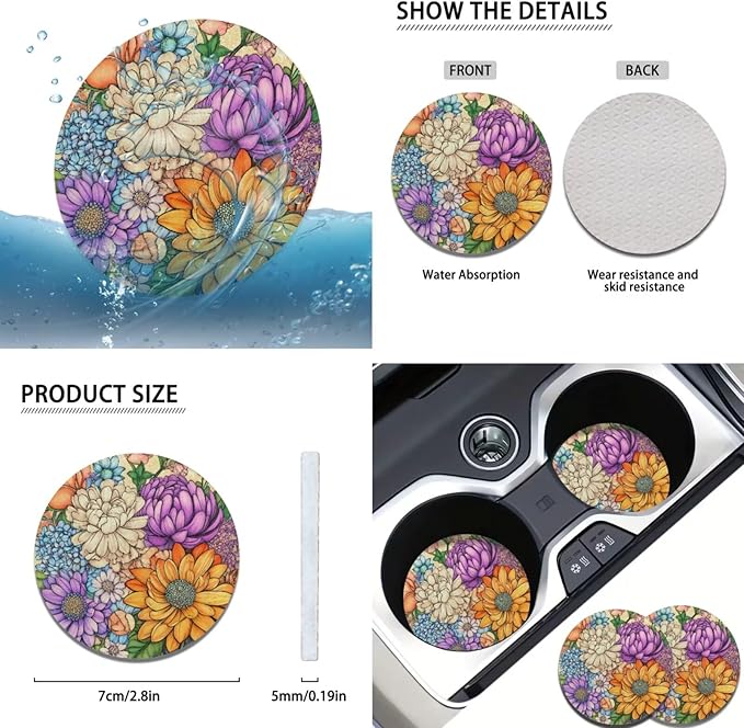 Flower 6pcs Car Accessories for Women Chrysanthemum Print Steering Wheel Cover Car Armrest Cover Handbrake Coer Auto Interior Sets