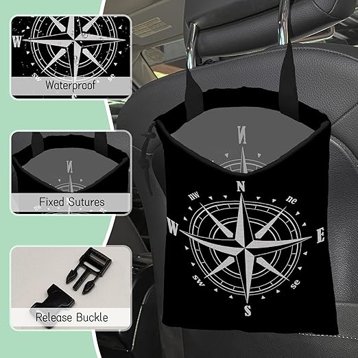 NHNXHWIA Compass Car Trash Bag,Hanging Drawstring Car Garbage Bag,Waterproof Canvas Car Back Seat Organizer with Adjustable Buckle,for Vehicles,SUVs,Camping,Road Trips
