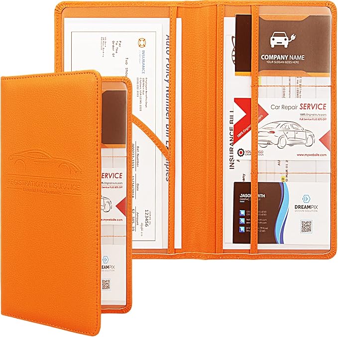 Car Registration and Insurance Holder, Premium Leather Insurance and Registration Holder,Vehicle Glove Box Car Organizer, with Magnetic Shut for Cards, Driver License (Orange)