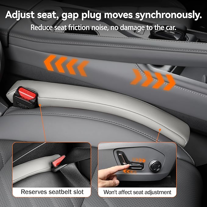 POKSRI Car seat Gap Filler, 2 Pack Leather Gap Organizers Stop Things from Dropping into The Gap Between seat and Console, Adjustable Width 1.4-2.4 inches Fit Most car/Truck/SUV, Accessories(Grey)