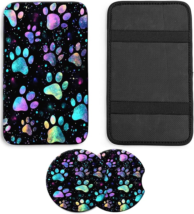 JANENFNA Car Armrest Cover Pads Universal Fashion Cute Auto Center Console Armrest Cover Pad with 2PCS Car Coasters Soft Waterproof Car Armrest Seat Protector for Women,Rainbow Paw Printz