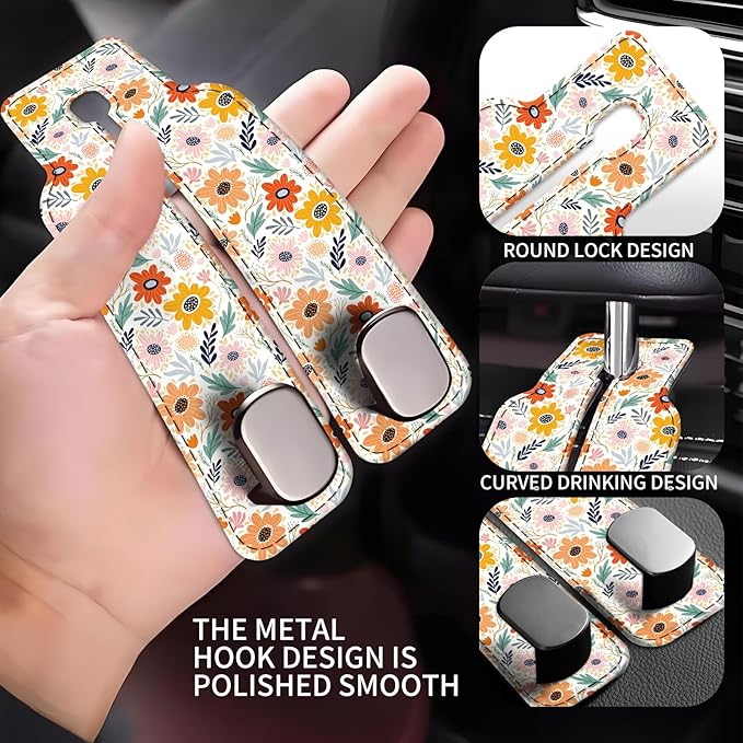 AXBSAKDI Car Seat Back Storage Headrest Hook, Premium Leather Double Metal Hook, Hanger Storage Organizer for Purse Cloth Bag, Car Interior Accessories Colorful Small Flowers