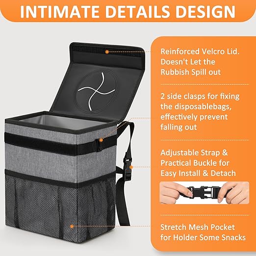 Vankor 3 Gallons Car Trash Can with Lid, Car Trash Bag Bin Hanging Waterproof Automotive Garbage Cans Leak Proof Vehicle Can Grey