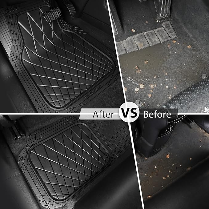 CAR PASS Heavy Duty Rubber Car Floor Mats, Waterproof Universal Trim-to-Fit Car Mats All Weather Floor Mats for SUV Truck Sedan, Premium Auto Floor Mats Full Set 3 Piece Anti-Slip, Solid Pure Black