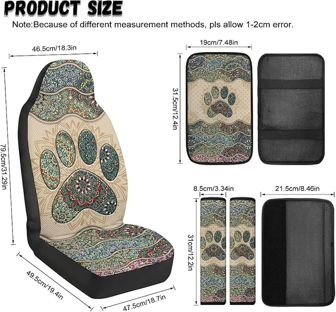 Psesaysky Boho Paw Car Accessories Set for Men Women Cute Car Seat Covers with Center Console Cover Pad Auto Seat Belt Cover Universal Fit Most Truck SUV Van