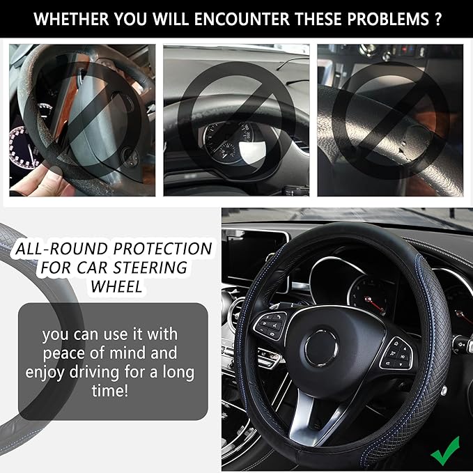 Leather Steering Wheel Cover,Anti Slip Car Steering Wheel Cover for Car Decorations & Steering Wheel Protections,Universal 15Inch Wheel Cover Car Interior Accessories for Men & Women (Black+Blue)