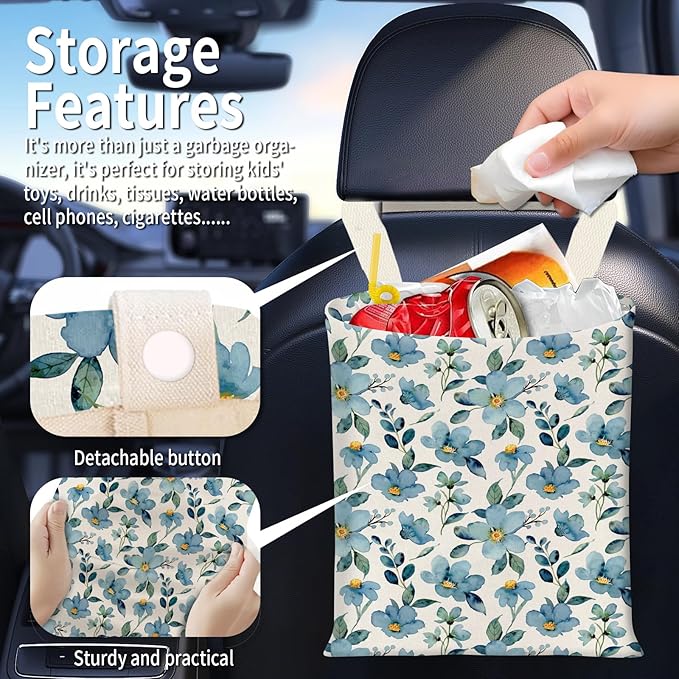 BEAKND Hanging Car Garbage Bag, Cute Car Trash Can Bag, Automotive Accessories for Women Men Cute Watercolor Blue Flower