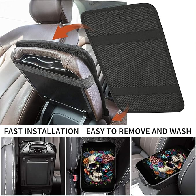 Auto Center Console Cover Arm Rest Cover for Car Truck,Universal Waterproof Car Armrest Cover Pad Middle Console Storage Box Covering Protector+Car Coasters-Skull Flower