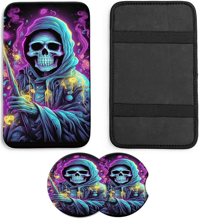 JANENFNA Car Armrest Cover Pads Universal Fashion Cute Auto Center Console Armrest Cover Pad with 2PCS Car Coasters Soft Waterproof Car Armrest Seat Protector for Women,Skull Death