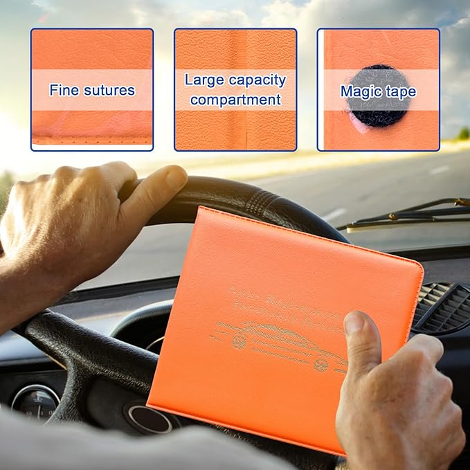 Ziciner Car Registration Insurance Holder, 2Pack Essential Auto Card Document Glove Box Organizer with Touch Fastener, Vehicle Interior Accessories Perfect for Most Car, Truck, SUV (Orange/Gold Words)