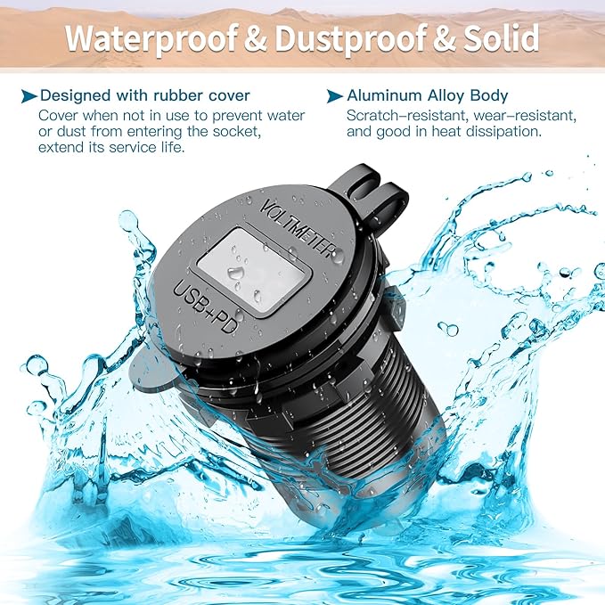 3 Port 12V USB Outlet Aluminum Car Charger, 78W Dual PD30W/QC3.0 Multiple USB Port with Voltmeter and Switch, USB C Cigarette Lighter Replacement 12 Volt Socket Waterproof for Marine Boat Truck RV