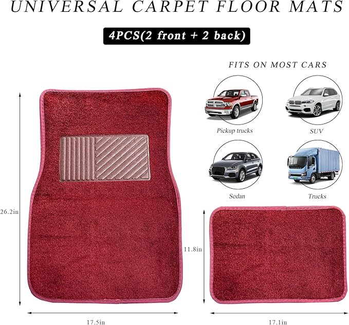 4PCS Car Floor Mats, Anti-Slip Waterproof Car Carpets with Safety Heel Pad, Heavy Duty Floor Mat for All Weather Protection, Universal Trim to Fit for Sedans Trucks SUVs (Wine Red)