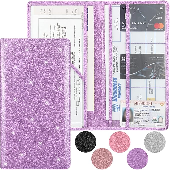 Car Registration and Insurance Holder, Premium Leather Insurance and Registration Holder,vehicle Glove Box Car Organizer, with Magnetic Shut for Cards, Driver License (Glitter Purple)