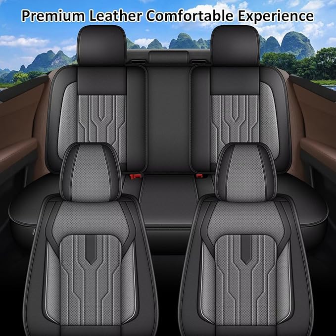 YORKNEIC Fit for kia Forte Seat Covers Full Set 2010-2023 2024: 5 Seats Waterproof Leather Car Seat Covers Protector (2 Row 5 Seat, Black & Grey)