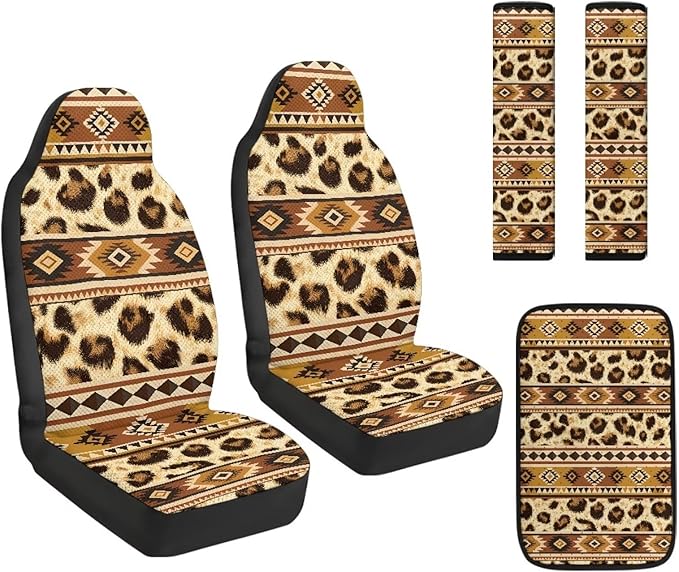 Qeluxign Auto Seat Covers with Car Center Console Cover,Tribal Leopard Print Belt Cover PU Leather Breathable Full Set Bucket Seat Covers, Pack of 5, Universal Fit for Sedan,SUV