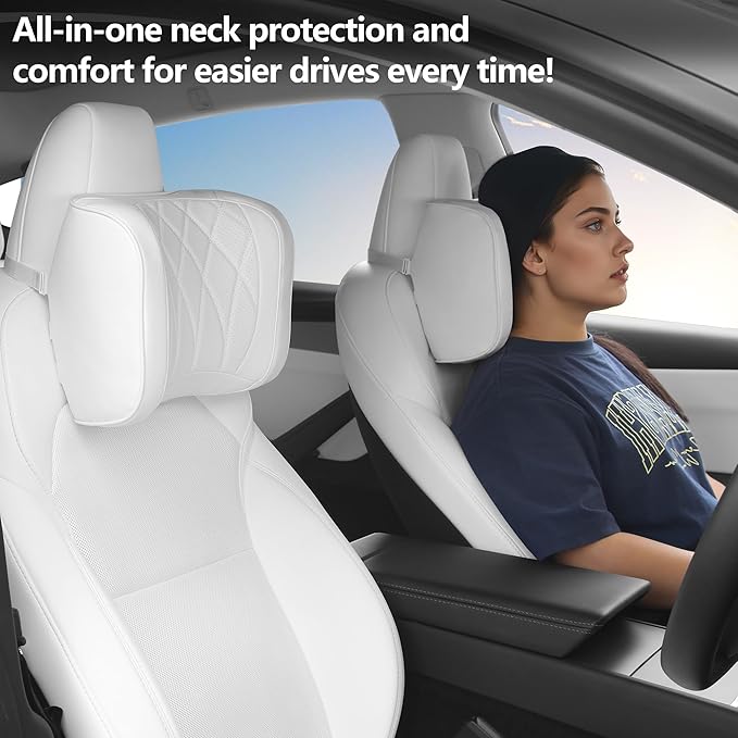 Dapucarin Car Headrest Pillow U-Shaped, Memory Foam Head Neck Support Cushion for Driving, Leather Head Rest Travel Pillows for Sleeping, Breathable Removable Cover, White, 2 Pack