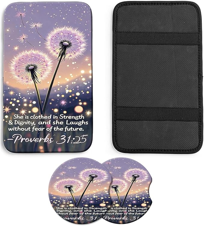 JANENFNA Car Armrest Cover Pads Universal Fashion Cute Auto Center Console Armrest Cover Pad with 2PCS Car Coasters Soft Waterproof Car Armrest Seat Protector for Women,Proverbs 31:25 Dandelion