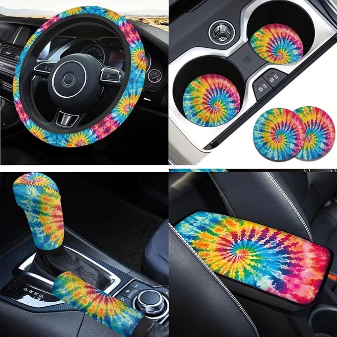 Tie Dye Car Accessories for Women Fashion Hippie Steering Wheel Cover Car Handbrake Cover,Cup Mat 6 Pcs Auto Interior Decor Suit for Vans Truck SUV