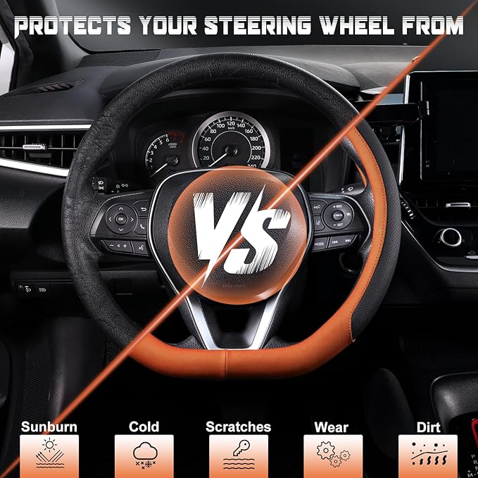 SEG Direct D Shaped Steering Wheel Cover for 14.5-15 inch Flat Bottom Wheels, Breathable Perforated Microfiber Leather, Anti-Slip Grip, Universal Fit for Cars & SUVs, Black and Orange