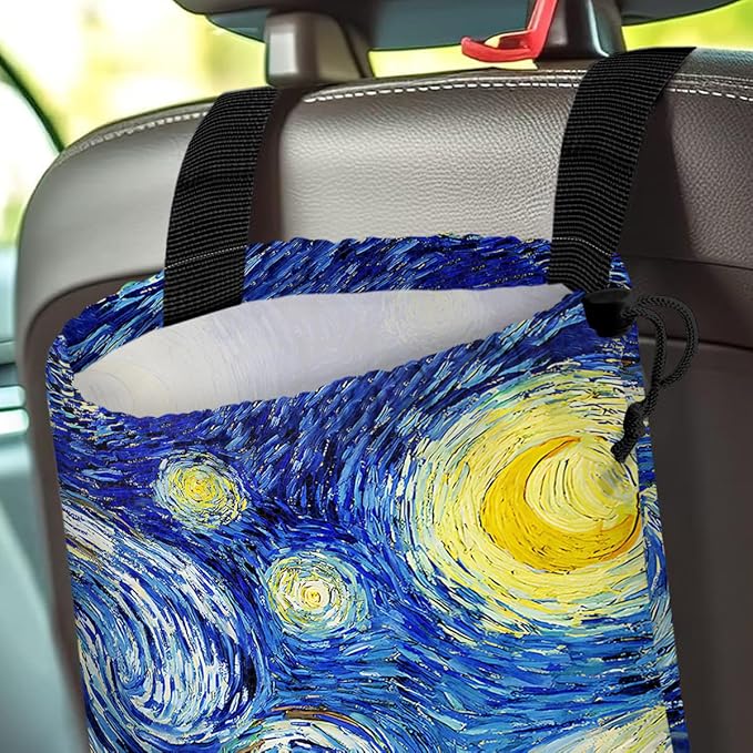 GEGEPINK Car Trash Bag Hanging Back of Seat Waterproof Small Cute Printed One-Handed Strap Drawstring Garbage Bags for Car-Starry Night