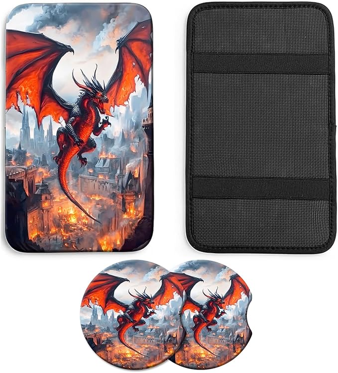 JANENFNA Car Armrest Cover Pads Universal Fashion Cute Auto Center Console Armrest Cover Pad with 2PCS Car Coasters Soft Waterproof Car Armrest Seat Protector for Women,Fire-Breaking Evil Dragon