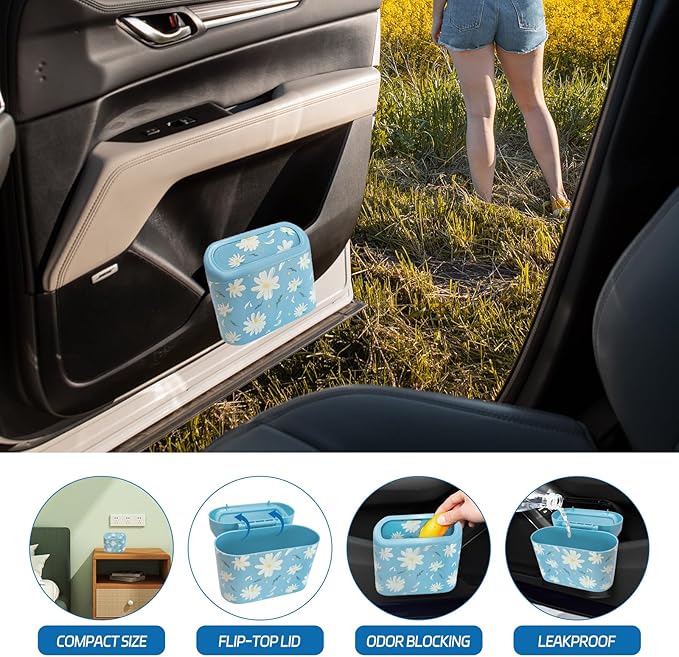 Mini Car Trash Can with Lid – Cute Floral Trash Can for Women, Automotive Garbage Bin with 5 Bags, Organizer for Front and Back Seat, Girly Car Accessories for SUV, Truck, Sedan, Teen Girls