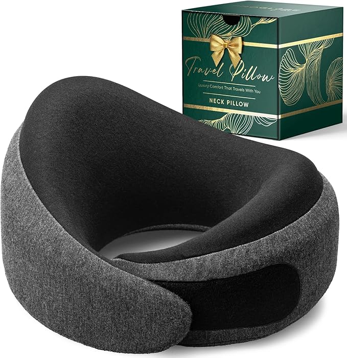 Proglobe Ash Black Memory Foam Travel Neck Pillow for Airplanes, Compact Plane Cushion for Long Flights with Soft Chin Support and Compression Bag, Comfortable Lightweight Air Travel Accessory