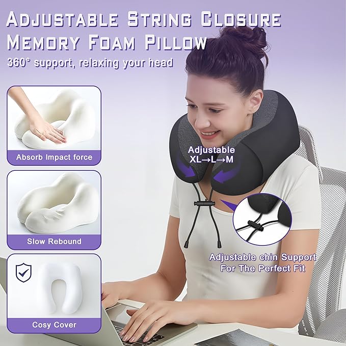 Phent zari Neck Travel Pillow, Upgraded Memory Foam Pillow for Airplane, Machine Washable, Adjustable Flight Pillow, Suitable for Sleeping Airplane, Car, Office and Home (Black)