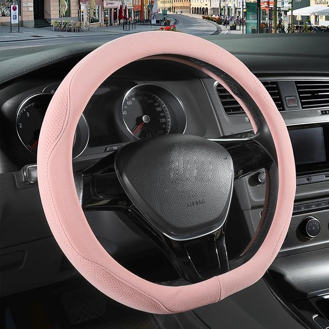 14 inch Pink Suede D Shaped Steering Wheel Cover, Breathable Non-Slip Sweat-Proof Wear-Resistant No Pilling, Warm in Winter and Cool in Summer