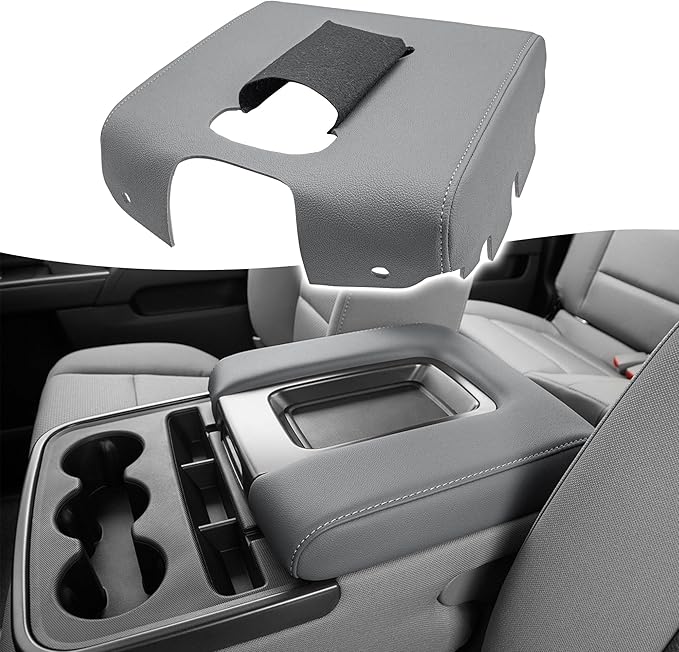 KBH Center Console Armrest Cover Replacement for Chevrolet Silverado & GMC Sierra 1500 2500 3500 2014-2018, Vinyl Leather Upholstery, Anti-Scratch, Split Bench Jump Seat (Dark Ash Gray)